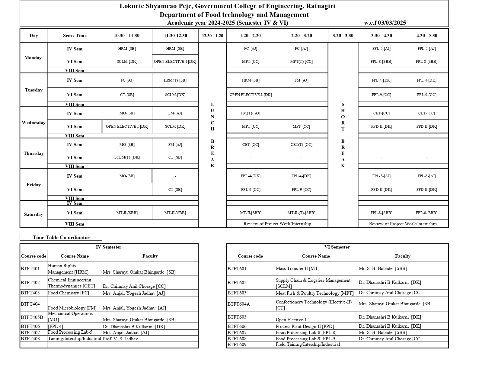 time table